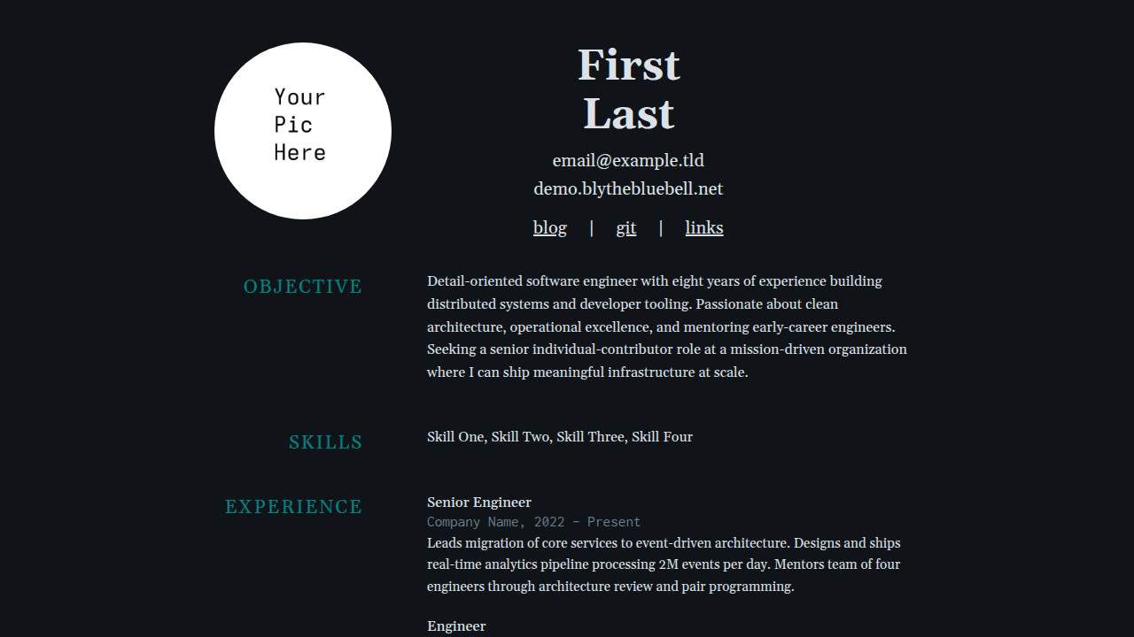 Blythe dark resume homepage with a portrait, serif name, and two-column experience sections