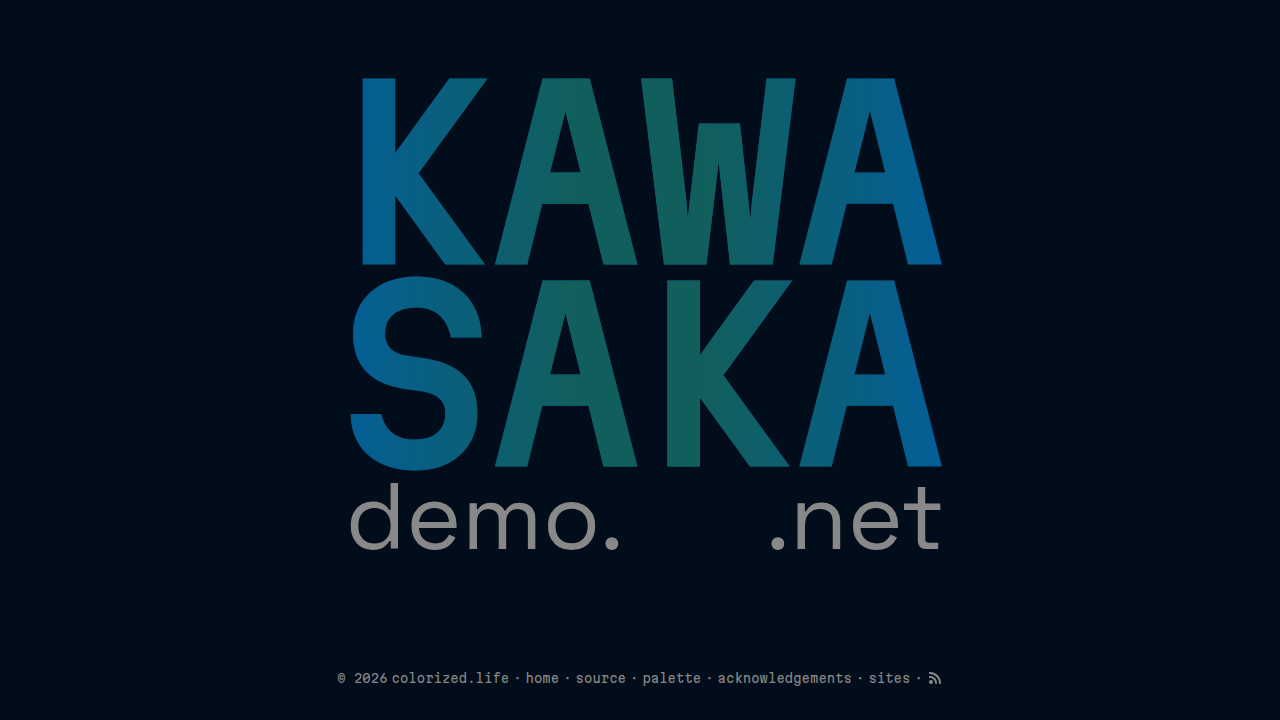 Kawasaka homepage with a stacked blue-green gradient title on a dark ocean-blue background